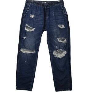 Garage Distressed Denim Joggers Ripped Drawstring Waist Blue‎ Jeans M/M